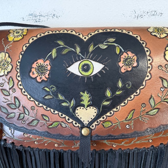 Handmade Brown Leather Fringe Shoulder Bag with Black Heart Eye Motif - Picture 2 of 7